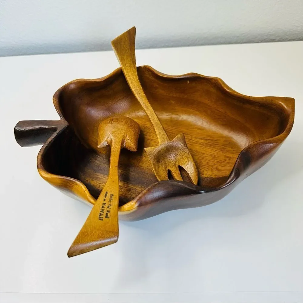 Monkey POD Leaf Bowl With Serving‎ Forks Set Of 3 Made In Hawaii
